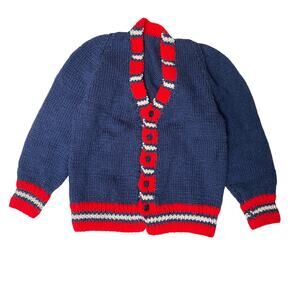 Vintage Kids Hand Knit Button Front Stripe Trim Cardigan Sweater